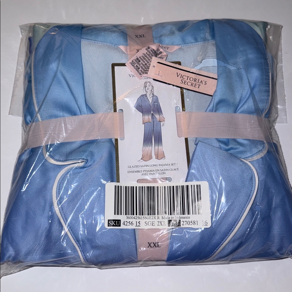 New Victoria's Secret Glazed Satin Pajama Set Blue Ombré Women’s Size XXL